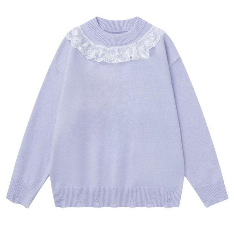 Modern Light Purple Lace Panel Knit Sweater