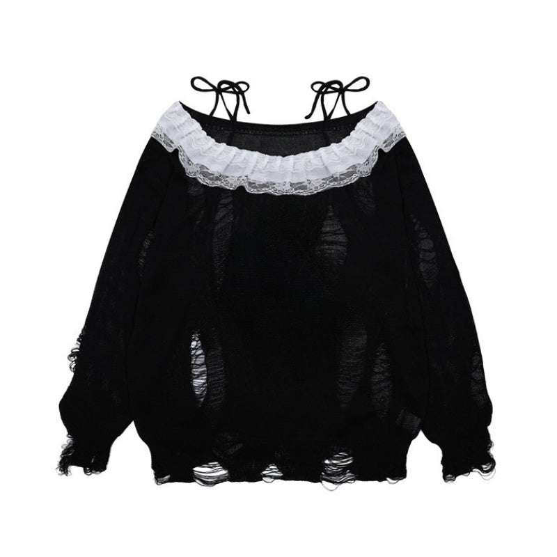 Elegant Lace Patchwork Black Sweater
