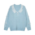 Fashionable Blue Knit Sweater with Lace