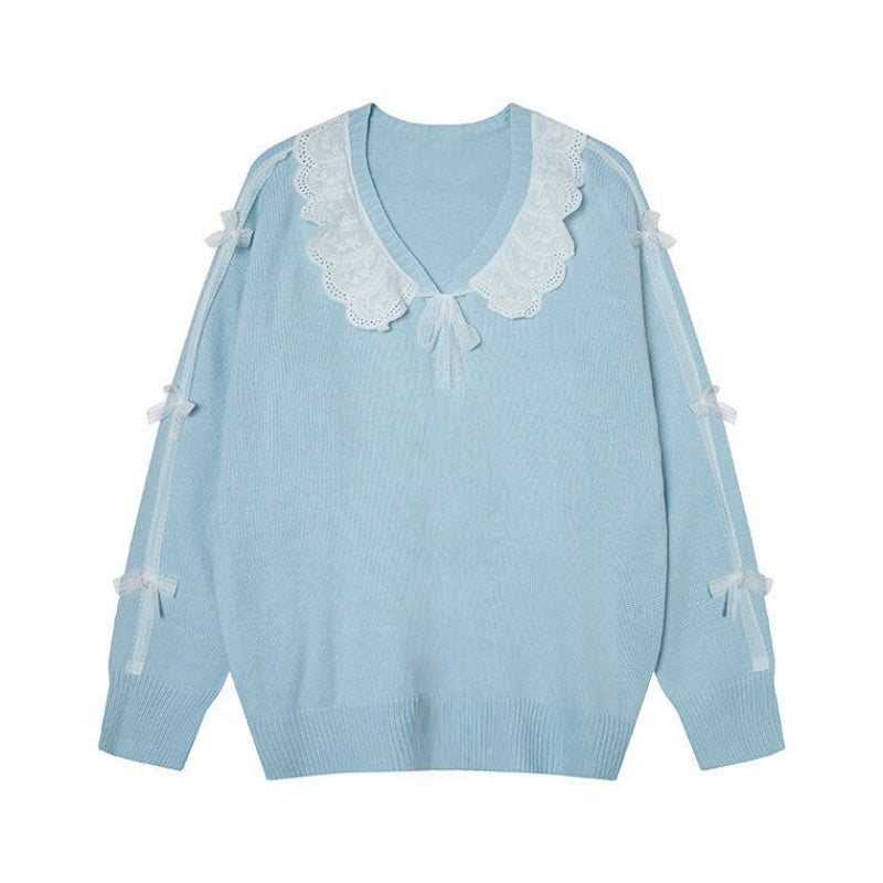 Fashionable Blue Knit Sweater with Lace